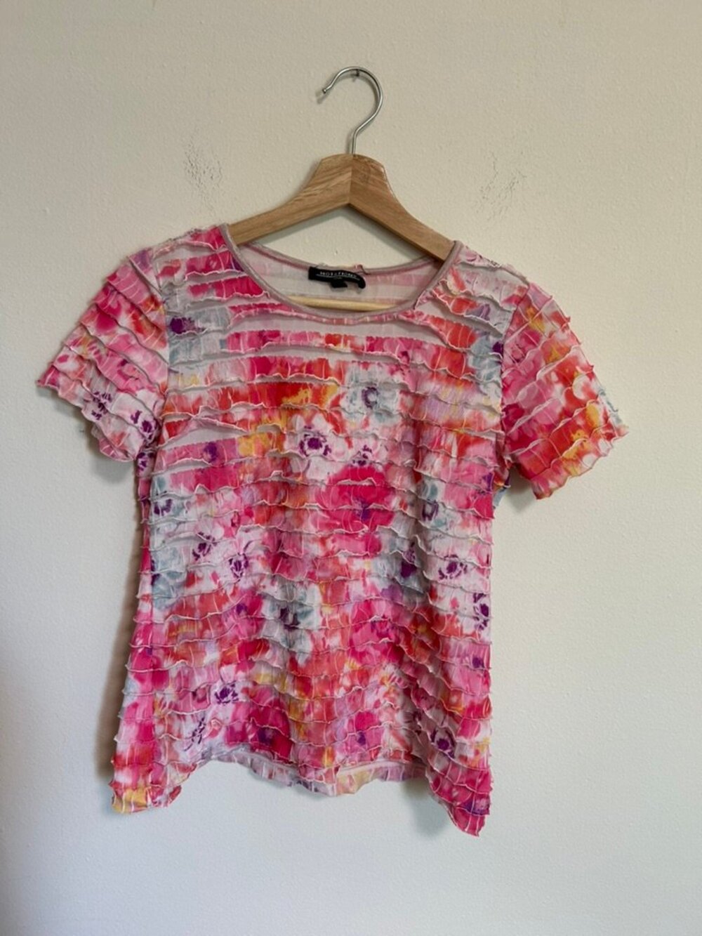 Notations Womens PM Ruffle Blouse Floral Stretch Lined Top Short Sleeve Colorful